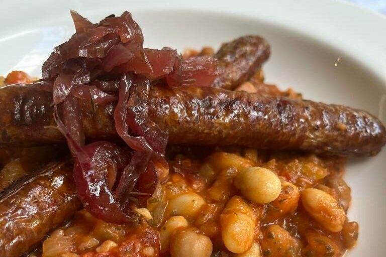 Spicy Sausages with Beans & Red Onion Marmalade